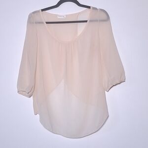 Poetry Blouse Sheer Cream 3/4 sleeve top Scoop Neck Split Back